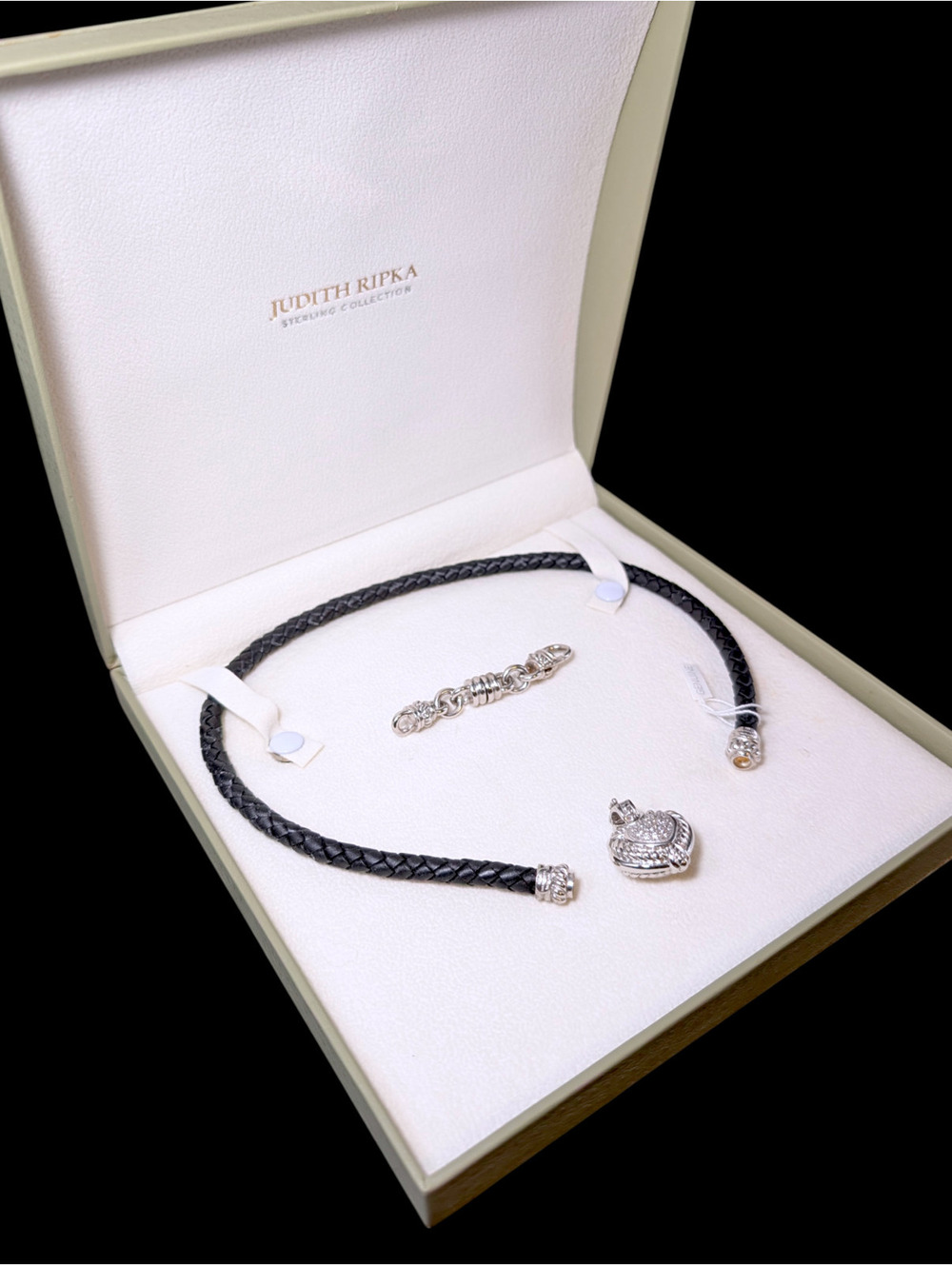 Vintage Judith Ripka Leather Braded Statement Necklace Sterling Silver Heart